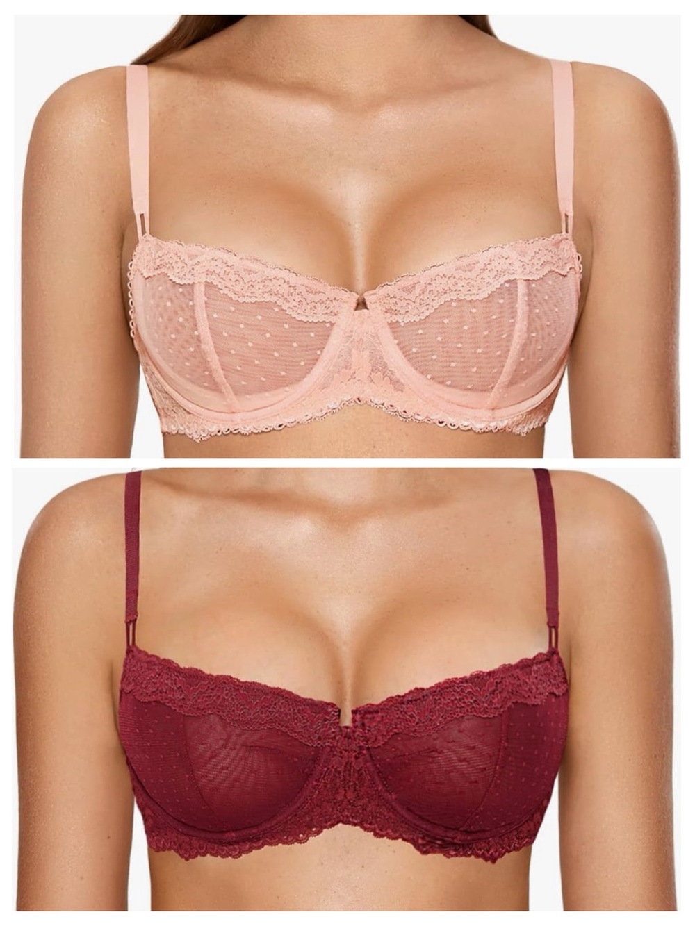 Sheer Dot Lace Underwire Bra — Blush Pink & Burgundy